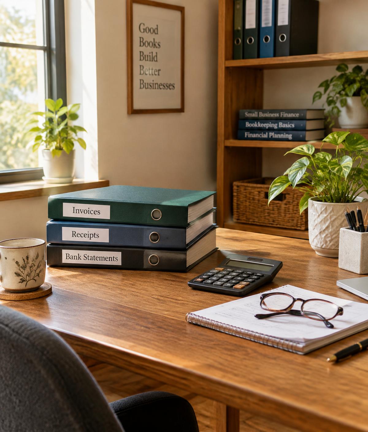 Organized bookkeeping binders and calculator on an office desk